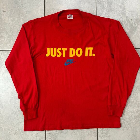 VINTAGE 80s Nike Just Do It Swoosh Logo Red Long Sleeve Size L USA - Picture 1 of 6